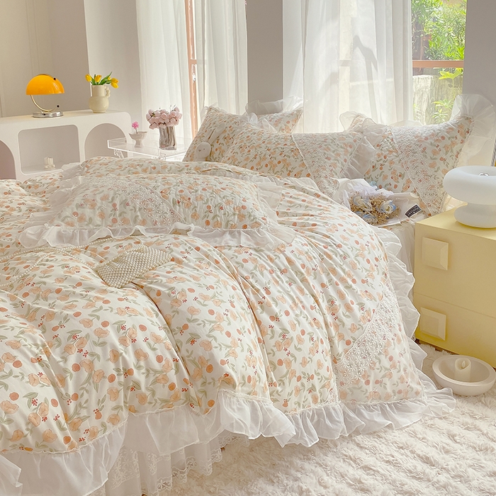 91家纺网 家纺一手货源 找家纺 罗艺轩家纺2024新款全棉蕾丝夹棉床裙忆江南系列-四件套 忆江南~花千朵