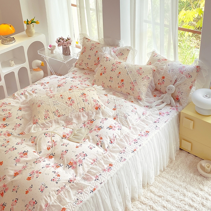 91家纺网 家纺一手货源 找家纺 罗艺轩家纺2024新款全棉蕾丝夹棉床裙忆江南系列-四件套 忆江南~小时光