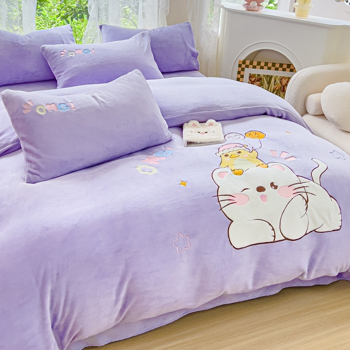 91家纺网 家纺一手货源 找家纺 米瑞娜 2024新款贴布绣牛奶绒四件套 好伙伴-紫