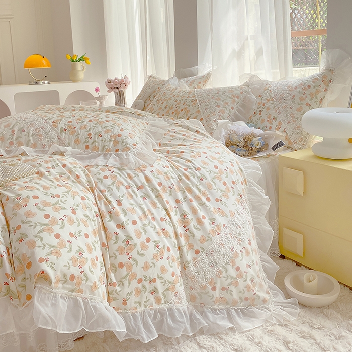 91家纺网 家纺一手货源 找家纺 罗艺轩家纺2024新款全棉蕾丝夹棉床裙忆江南系列-四件套 忆江南~花千朵