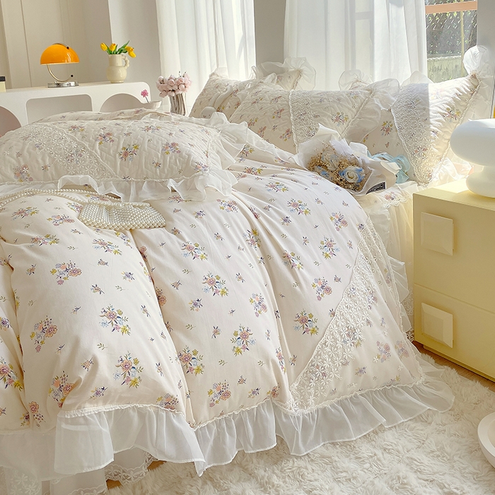 91家纺网 家纺一手货源 找家纺 罗艺轩家纺2024新款全棉蕾丝夹棉床裙忆江南系列-四件套 忆江南~清韵幽香