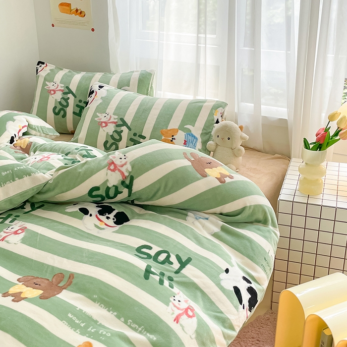 91家纺网 家纺一手货源 找家纺 桃子 2023新款ins小清新韩系可爱卡通奶油兔子加厚牛奶绒系列四件套详情第三批 绒-狗狗派对