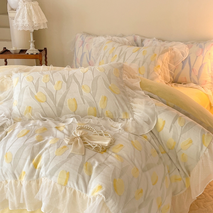 91家纺网 家纺一手货源 找家纺 玛奇朵2023新款秋冬新品5D立体雕花牛奶绒四件套 郁金香-黄