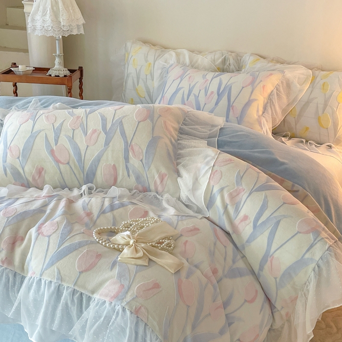 91家纺网 家纺一手货源 找家纺 玛奇朵2023新款秋冬新品5D立体雕花牛奶绒四件套 郁金香-蓝