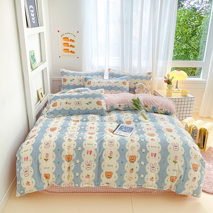 91家纺网 家纺一手货源 找家纺 桃子 2023新款ins小清新韩系可爱卡通奶油兔子加厚牛奶绒系列四件套详情第三批 绒-熊兔小花