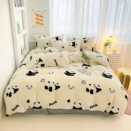 91家纺网 家纺一手货源 找家纺 桃子 2023新款ins小清新韩系可爱卡通奶油兔子加厚牛奶绒系列四件套详情第三批 绒-熊猫墩墩奶白