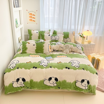 桃子 2023新款ins小清新韩系可爱卡通奶油兔子加厚牛奶绒系列四件套详情第三批 绒-呆萌绿小狗