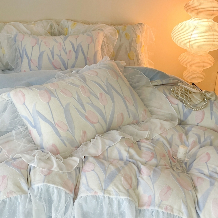 91家纺网 家纺一手货源 找家纺 玛奇朵2023新款秋冬新品5D立体雕花牛奶绒四件套 郁金香-蓝