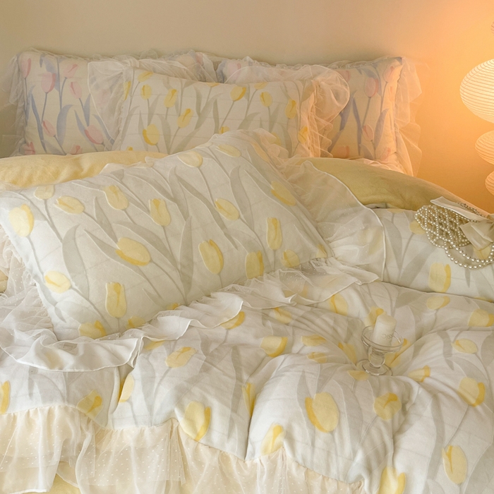 91家纺网 家纺一手货源 找家纺 玛奇朵2023新款秋冬新品5D立体雕花牛奶绒四件套 郁金香-黄