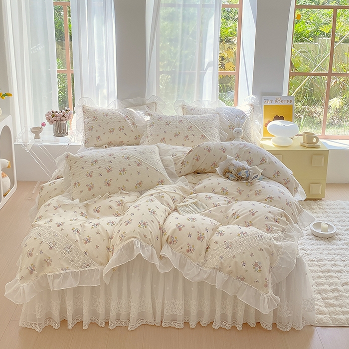 91家纺网 家纺一手货源 找家纺 罗艺轩家纺2024新款全棉蕾丝夹棉床裙忆江南系列-四件套 忆江南~清韵幽香