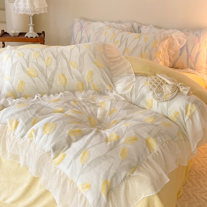 91家纺网 家纺一手货源 找家纺 玛奇朵2023新款秋冬新品5D立体雕花牛奶绒四件套 郁金香-黄