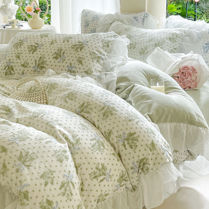 91家纺网 家纺一手货源 找家纺 玛奇朵2023新款秋冬新品5D立体雕花牛奶绒四件套 温妮-绿