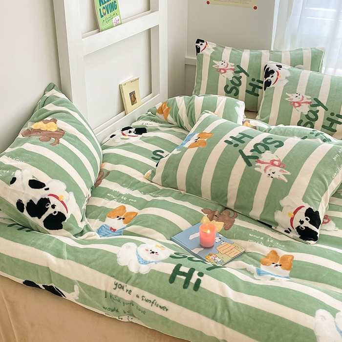 91家纺网 家纺一手货源 找家纺 桃子 2023新款ins小清新韩系可爱卡通奶油兔子加厚牛奶绒系列四件套详情第三批 绒-狗狗派对