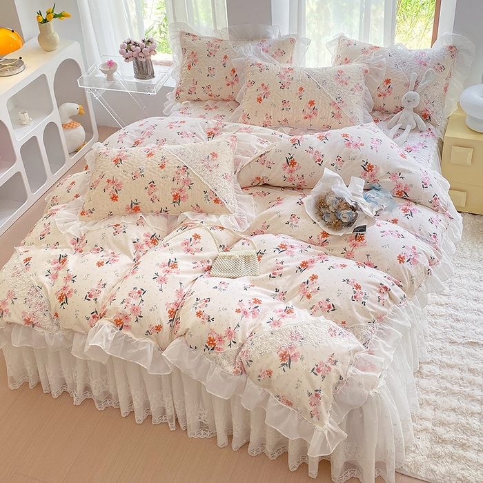 91家纺网 家纺一手货源 找家纺 罗艺轩家纺2024新款全棉蕾丝夹棉床裙忆江南系列-四件套 忆江南~小时光