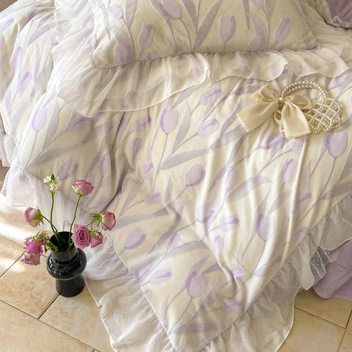 91家纺网 家纺一手货源 找家纺 玛奇朵2023新款秋冬新品5D立体雕花牛奶绒四件套 郁金香-紫