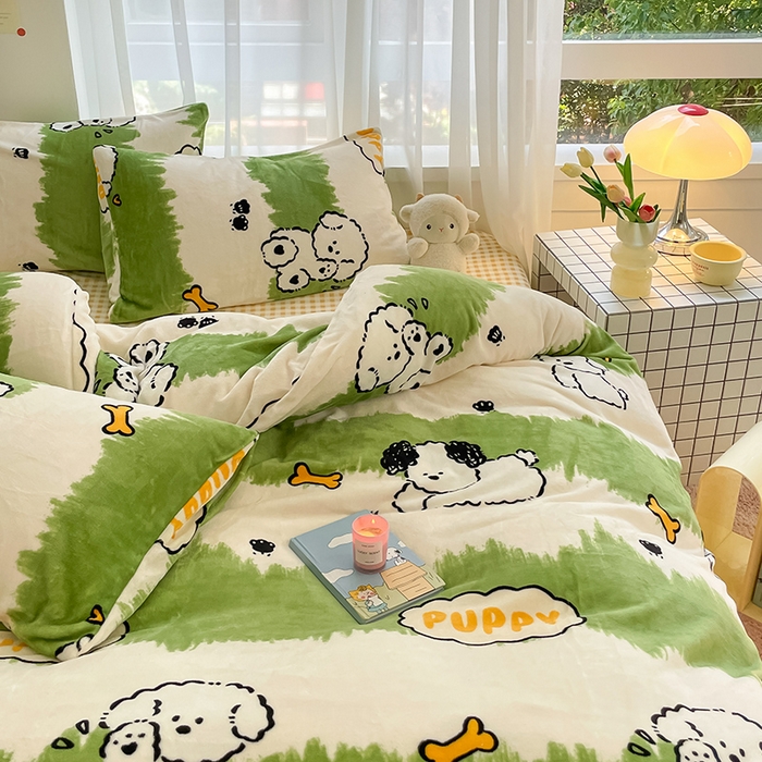 91家纺网 家纺一手货源 找家纺 桃子 2023新款ins小清新韩系可爱卡通奶油兔子加厚牛奶绒系列四件套详情第三批 绒-呆萌绿小狗