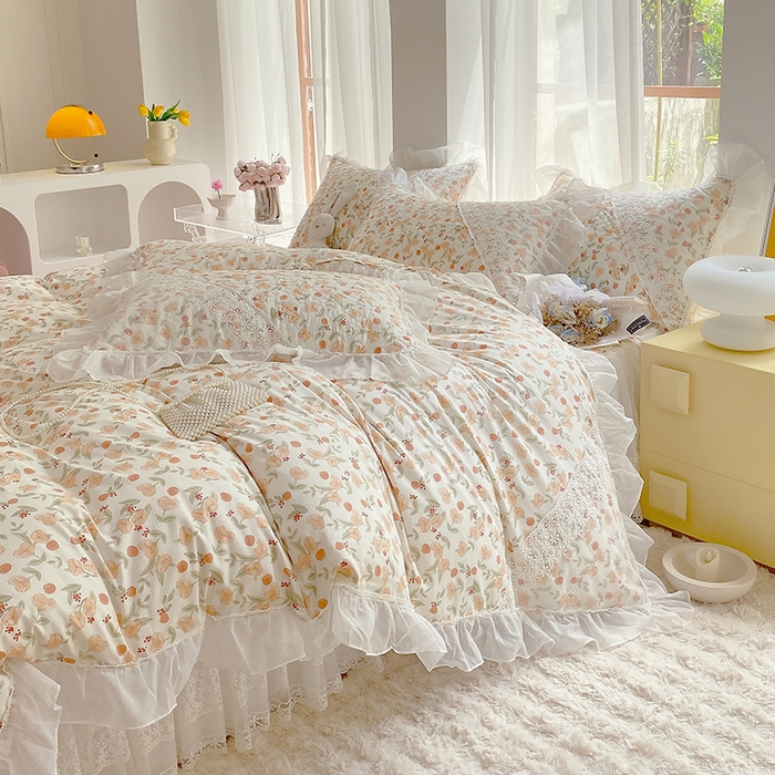 91家纺网 家纺一手货源 找家纺 罗艺轩家纺2024新款全棉蕾丝夹棉床裙忆江南系列-四件套 忆江南~花千朵