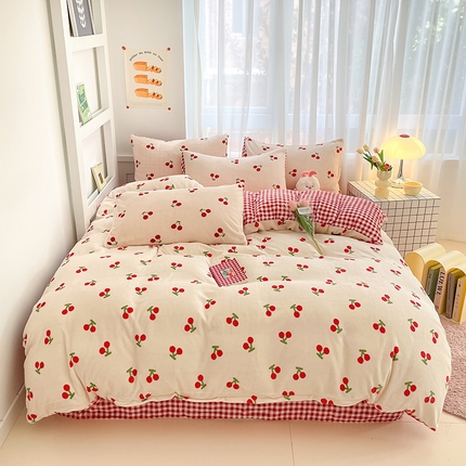 91家纺网 家纺一手货源 找家纺 桃子 2023新款ins小清新韩系可爱卡通奶油兔子加厚牛奶绒系列四件套详情第三批 绒-红格樱桃