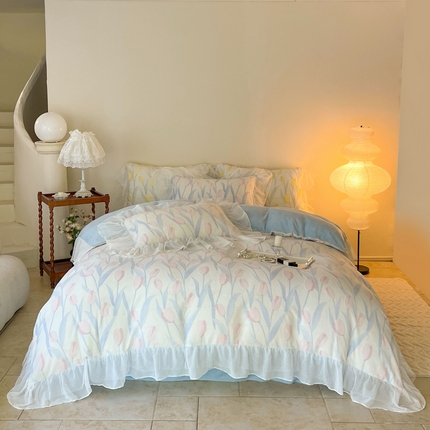 玛奇朵2023新款秋冬新品5D立体雕花牛奶绒四件套 郁金香-蓝