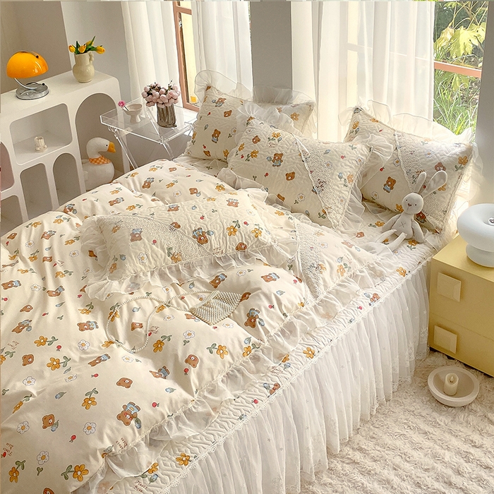 91家纺网 家纺一手货源 找家纺 （总）罗艺轩家纺2024新款全棉蕾丝夹棉床裙忆江南系列-四件套