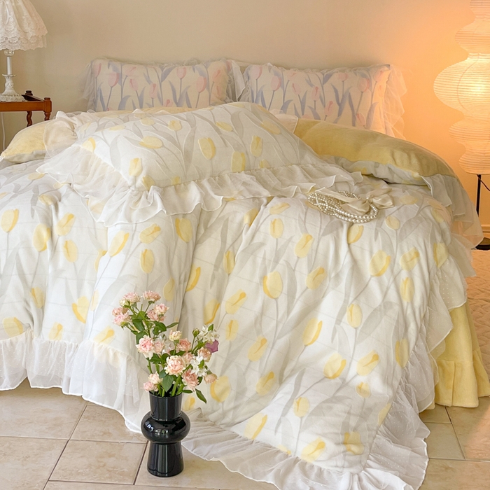 91家纺网 家纺一手货源 找家纺 玛奇朵2023新款秋冬新品5D立体雕花牛奶绒四件套 郁金香-黄