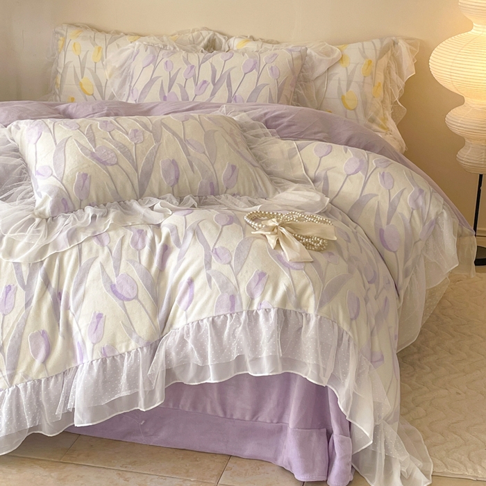 91家纺网 家纺一手货源 找家纺 玛奇朵2023新款秋冬新品5D立体雕花牛奶绒四件套 郁金香-紫