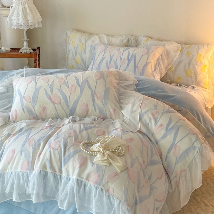 91家纺网 家纺一手货源 找家纺 玛奇朵2023新款秋冬新品5D立体雕花牛奶绒四件套 郁金香-蓝