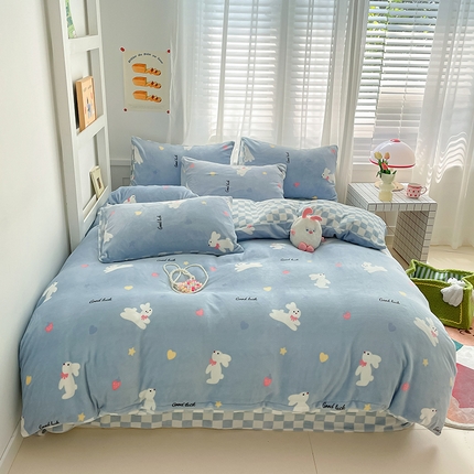 桃子 2023新款ins小清新韩系可爱卡通奶油兔子加厚牛奶绒系列四件套详情第三批 绒-亲亲兔