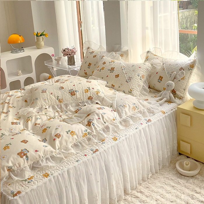 91家纺网 家纺一手货源 找家纺 （总）罗艺轩家纺2024新款全棉蕾丝夹棉床裙忆江南系列-四件套