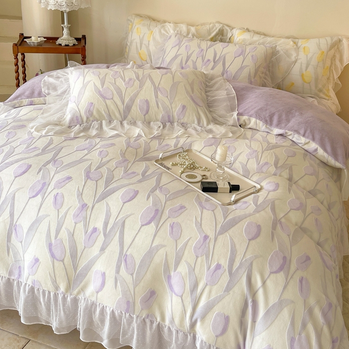 91家纺网 家纺一手货源 找家纺 玛奇朵2023新款秋冬新品5D立体雕花牛奶绒四件套 郁金香-紫