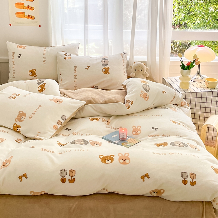 91家纺网 家纺一手货源 找家纺 桃子 2023新款ins小清新韩系可爱卡通奶油兔子加厚牛奶绒系列四件套详情第三批 绒-可妮乐园