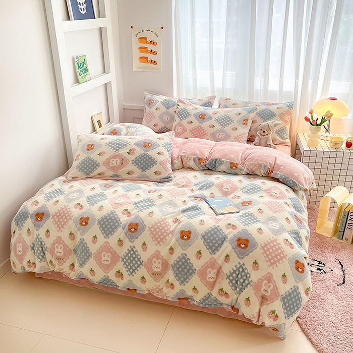 91家纺网 家纺一手货源 找家纺 桃子 2023新款ins小清新韩系可爱卡通奶油兔子加厚牛奶绒系列四件套详情第三批 绒-浣溪