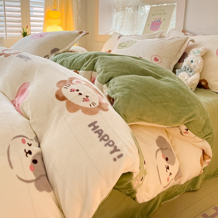 91家纺网 家纺一手货源 找家纺 柒月家居 2023新款小清新法莱绒四件套 动物世界