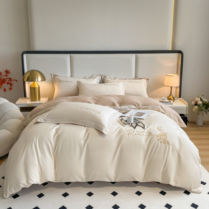 91家纺网 家纺一手货源 找家纺 （总）花愿（原花纪） 2025新款加密水洗棉刺绣四件套-蓝孔雀