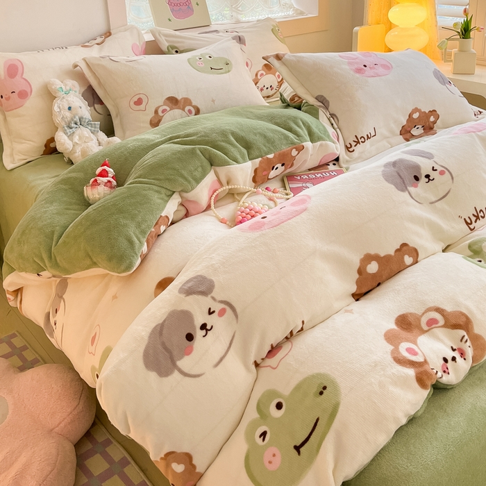 91家纺网 家纺一手货源 找家纺 柒月家居 2023新款小清新法莱绒四件套 动物世界