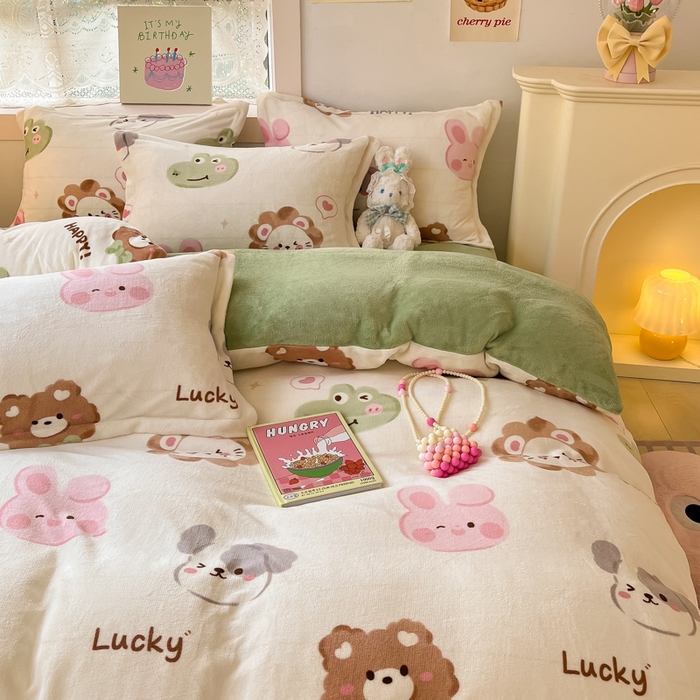 91家纺网 家纺一手货源 找家纺 柒月家居 2023新款小清新法莱绒四件套 动物世界