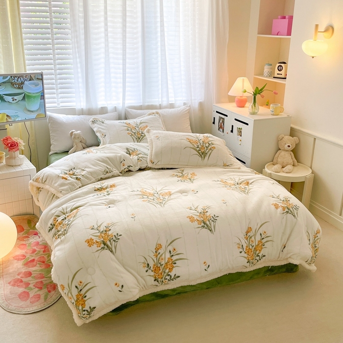 91家纺网 家纺一手货源 找家纺 大彩家居 2023新款高克重牛奶绒冬被四件套 迷迭香