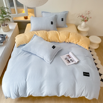 91家纺网 家纺一手货源 找家纺 柒月 2023新款纯色牛奶绒四件套 天空蓝+鹅黄