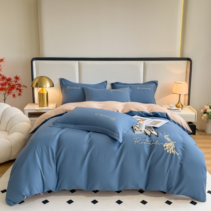 91家纺网 家纺一手货源 找家纺 花愿（原花纪） 2023新款加密水洗棉刺绣四件套-蓝孔雀 宾利蓝+奶茶