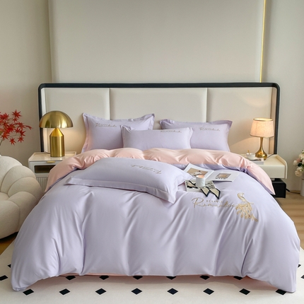 花愿（原花纪） 2023新款加密水洗棉刺绣四件套-蓝孔雀 蔷薇紫+樱花粉