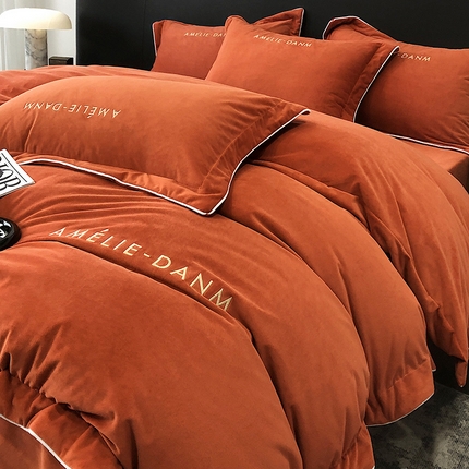 91家纺网 家纺一手货源 找家纺 禧澜庭2024新款A类婴儿绒宝宝绒纯色刺绣牛奶绒法莱绒法兰绒四件套-艾米丽暖心橙