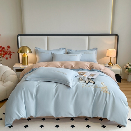 花愿（原花纪） 2023新款加密水洗棉刺绣四件套-蓝孔雀 天空蓝+奶茶