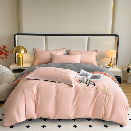 花愿（原花纪） 2023新款加密水洗棉刺绣四件套-蓝孔雀 樱花粉+海豚灰