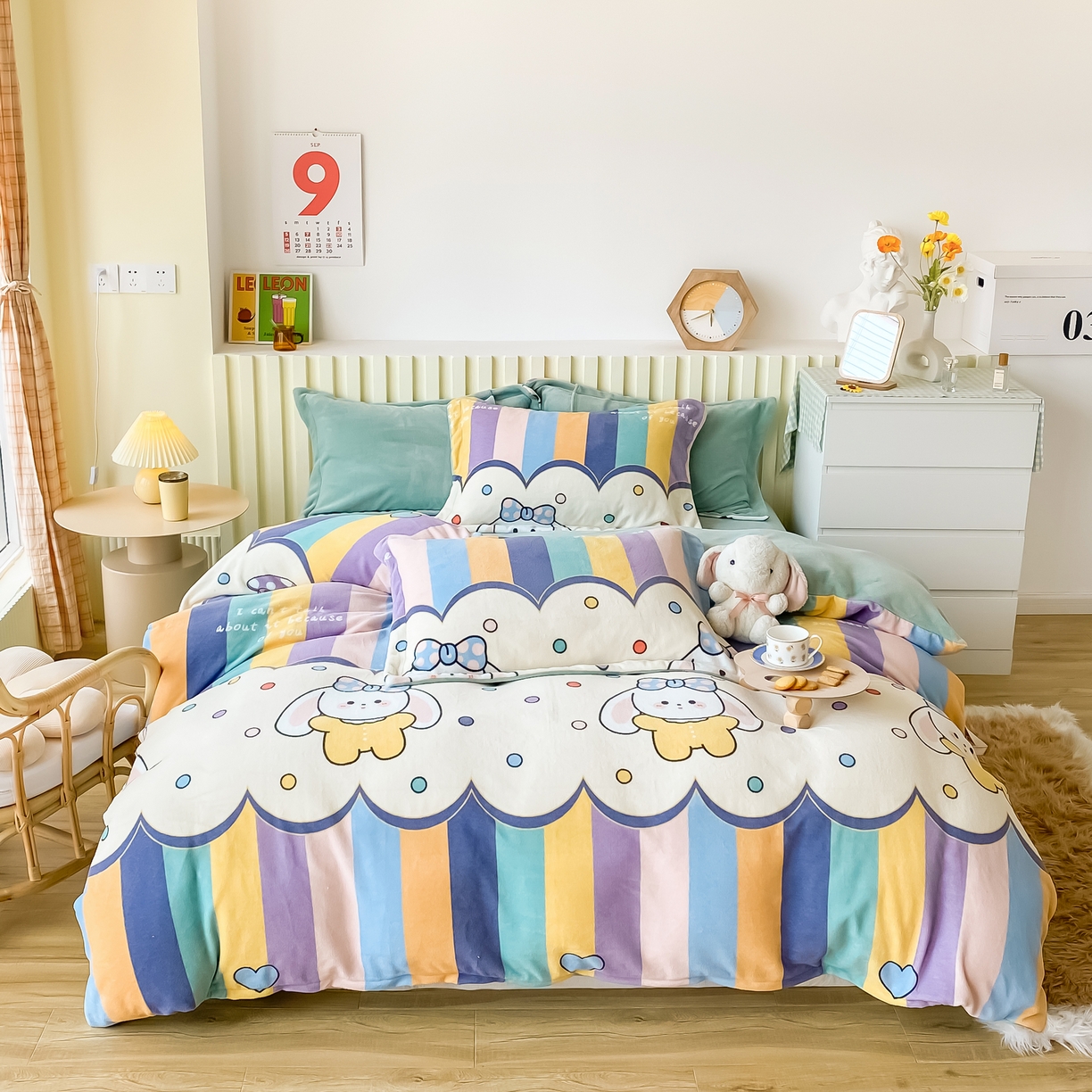 91家纺网 家纺一手货源 找家纺 呗旺鹿 2023新款高克重加厚印花牛奶绒四件套直播 彩虹兔