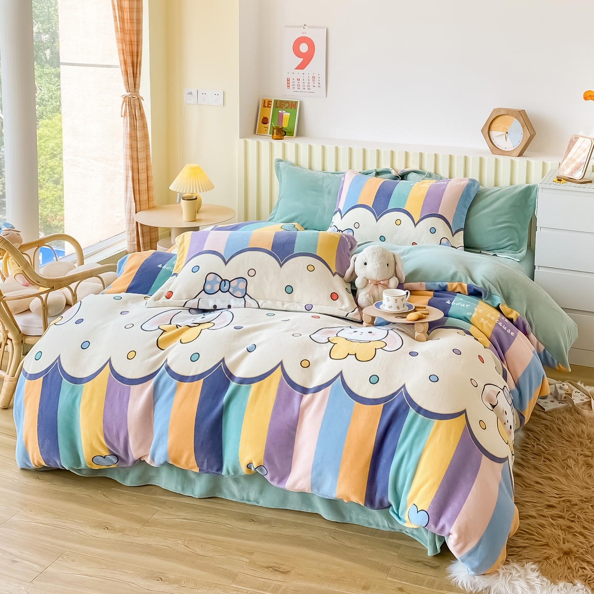 91家纺网 家纺一手货源 找家纺 呗旺鹿 2023新款高克重加厚印花牛奶绒四件套直播 彩虹兔