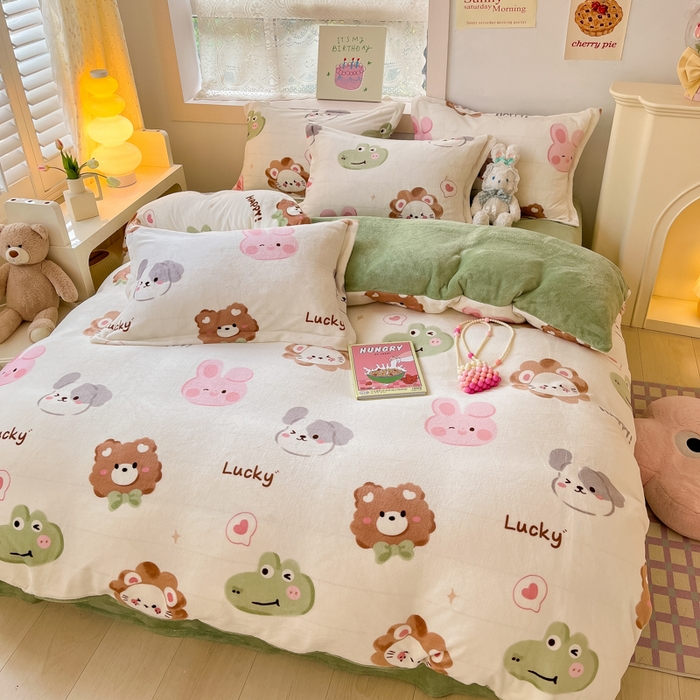 91家纺网 家纺一手货源 找家纺 柒月家居 2023新款小清新法莱绒四件套 动物世界