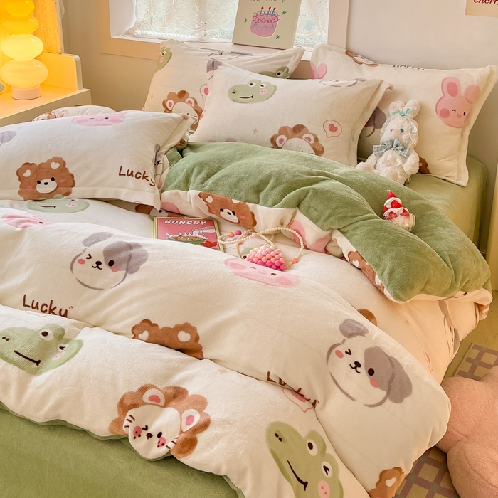 91家纺网 家纺一手货源 找家纺 柒月家居 2023新款小清新法莱绒四件套 动物世界