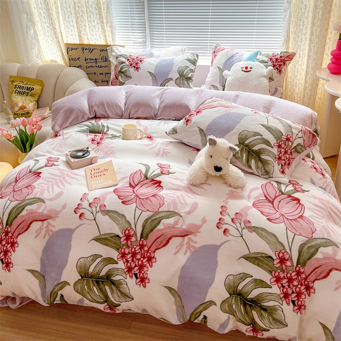 91家纺网 家纺一手货源 找家纺 顾里家纺 2023新款ins少女保暖牛奶绒四件套第二批 彼岸花