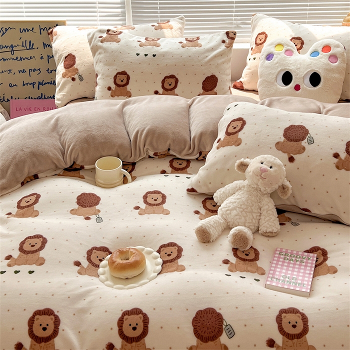 91家纺网 家纺一手货源 找家纺 顾里家纺 2023新款ins少女保暖牛奶绒四件套第二批 波点狮子