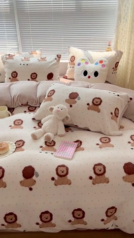 91家纺网 家纺一手货源 找家纺 顾里家纺 2023新款ins少女保暖牛奶绒四件套第二批 波点狮子